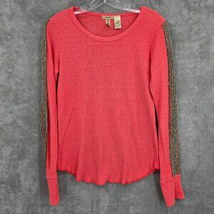 BKE Eased Thermal Top S Coral Brown Boho Curved Hem Long Sleeve Waffle Knit 90s